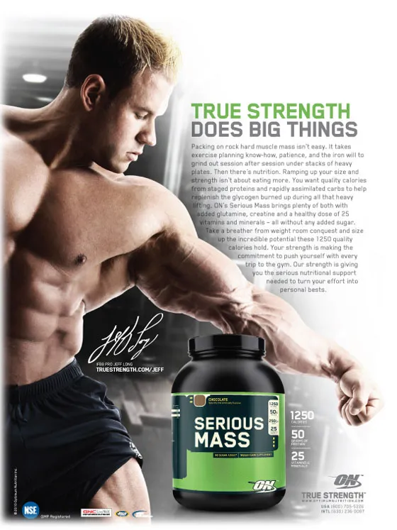 Optimum Nutrition Serious Mass advertisement featuring IFBB Pro Jeff Long, the product tub, and text highlighting its key features like 1250 calories and 50g protein.